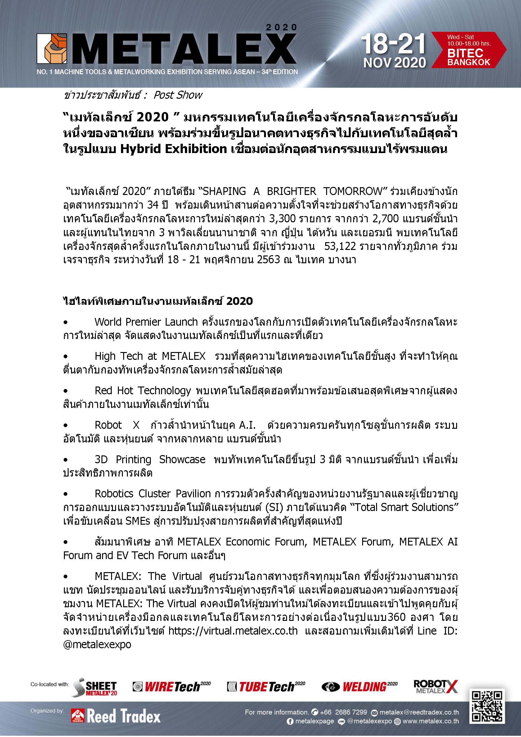 เมทัลเล็กซ์ 2020 มหกรรมเทคโนโลยีเครื่องจักรกลโลหะการอันดับหนึ่งของอาเซียน